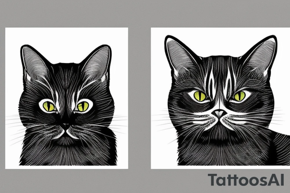two faces of cats. one completly black and one with striped coat. The faces should be arranged next to each other.  Both cats are british shorthair tattoo idea