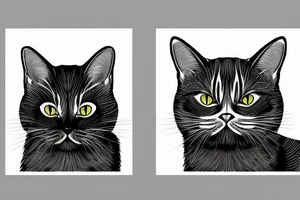 two faces of cats. one completly black and one with striped coat. The faces should be arranged next to each other.  Both cats are british shorthair tattoo idea