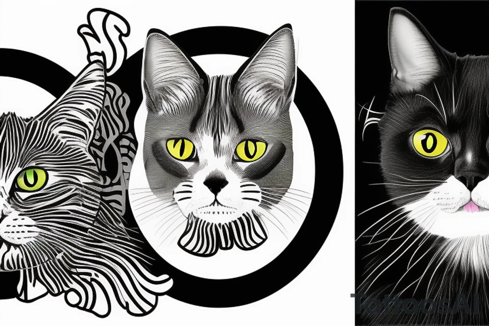 two faces of cats. one completly black and one with striped coat. The faces should be arranged next to each other. Both cats are british shorthair tattoo idea two faces of cats. one completly black and one with striped coat. The faces should be arranged next to each other. Both cats are british shorthair tattoo idea