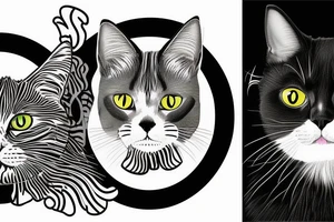 two faces of cats. one completly black and one with striped coat. The faces should be arranged next to each other.  Both cats are british shorthair tattoo idea