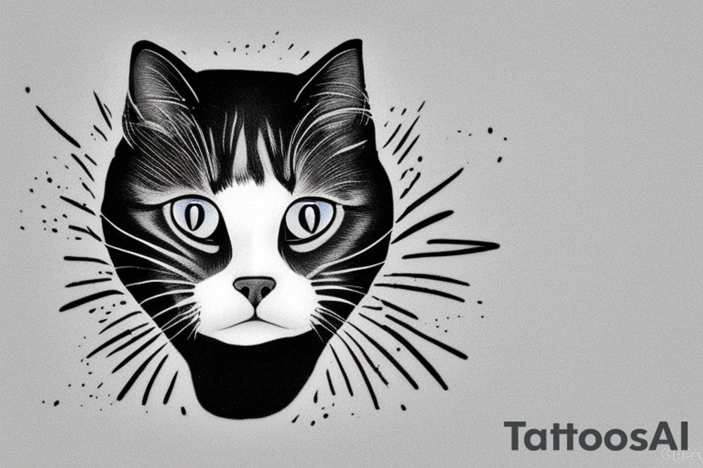 Face of a cat from the front. the cat has completly black fur. the cat is a british shorthair. black and white photo tattoo idea