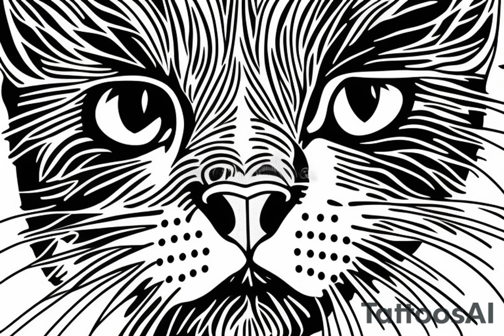 Face of a cat from the front. the cat has completly black fur. the cat is a british shorthair. black and white photo tattoo idea