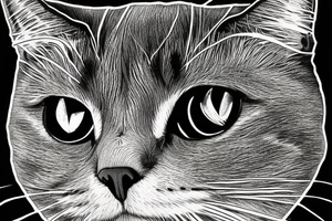 Face of a cat from the front. the cat has completly black fur. the cat is a british shorthair. black and white photo tattoo idea