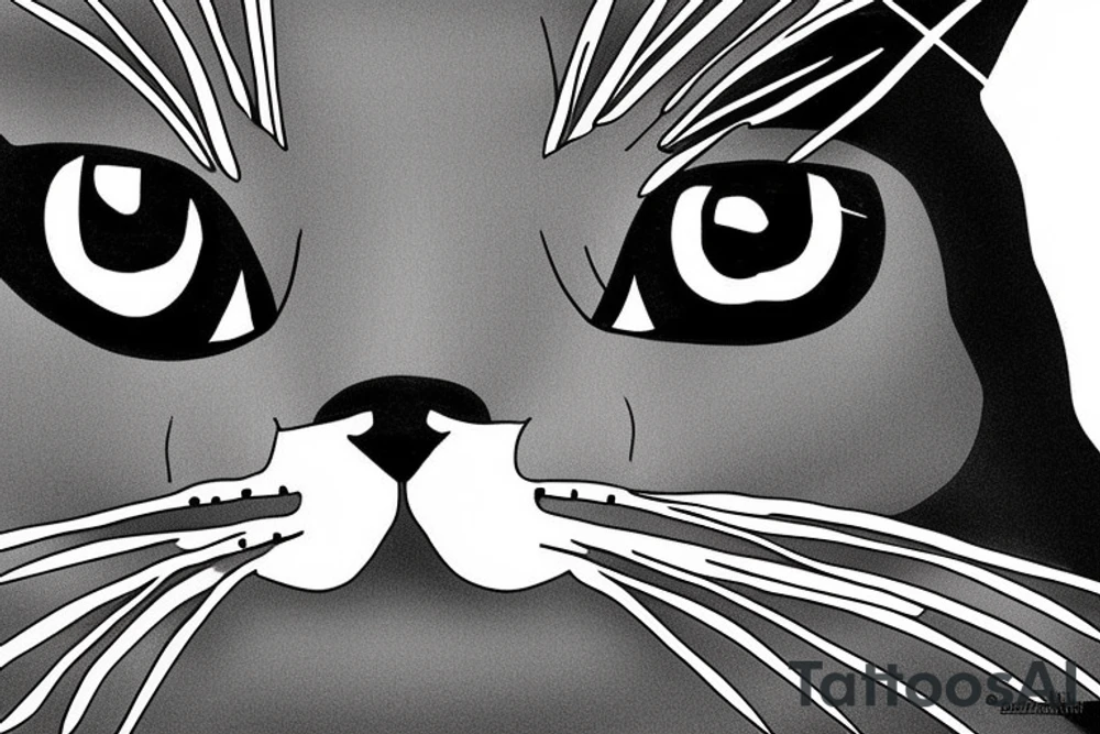 Face of a cat from the front. the cat has completly black fur. the cat is a british shorthair. black and white photo tattoo idea