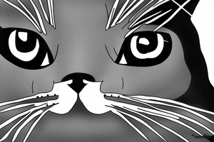 Face of a cat from the front. the cat has completly black fur. the cat is a british shorthair. black and white photo tattoo idea