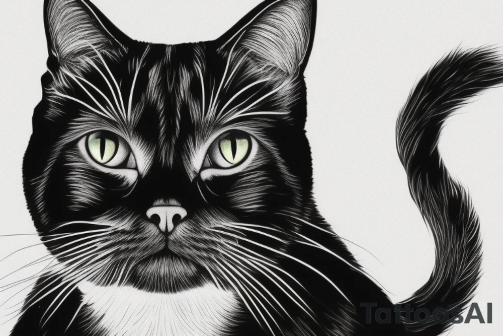 Face of a cat from the front. the cat has completly black fur. the cat is a british shorthair. black and white photo tattoo idea