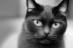 Face of a cat from the front. the cat has completly black fur. the cat is a british shorthair. black and white photo. the background should be bigger and the image of the cat in the middle tattoo idea