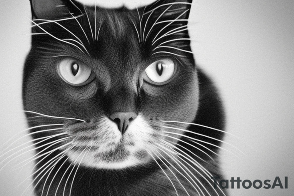 Face of a cat from the front. the cat has completly black fur. the cat is a british shorthair. black and white photo. the background should be bigger and the image of the cat in the middle tattoo idea