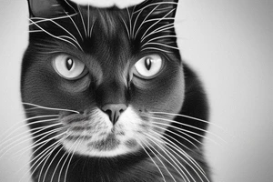 Face of a cat from the front. the cat has completly black fur. the cat is a british shorthair. black and white photo. the background should be bigger and the image of the cat in the middle tattoo idea
