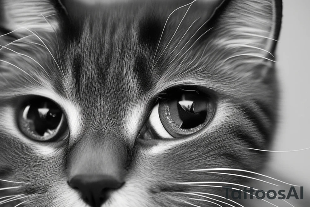 Face of a cat from the front. the cat has completly black fur. the cat is a british shorthair. black and white photo. the background should be bigger and the image of the cat in the middle tattoo idea