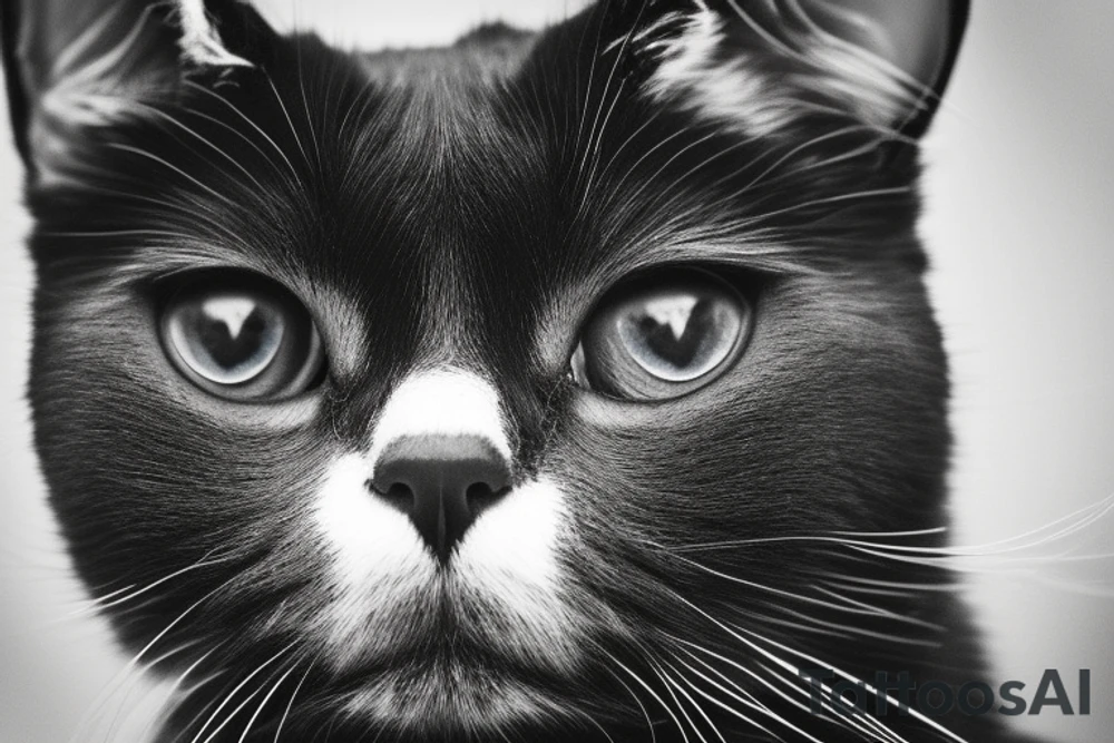 Face of a cat from the front. the cat has completly black fur. the cat is a british shorthair. black and white photo. the background should be bigger and the image of the cat in the middle tattoo idea