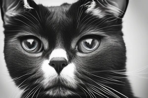 Face of a cat from the front. the cat has completly black fur. the cat is a british shorthair. black and white photo. the background should be bigger and the image of the cat in the middle tattoo idea