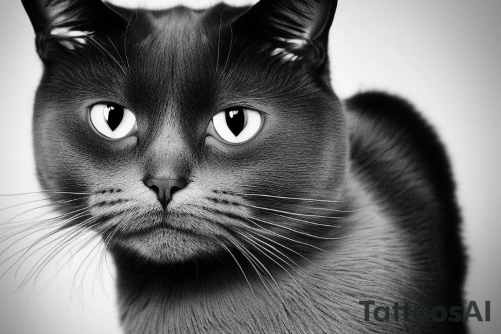 Face of a cat from the front. the cat has completly black fur. the cat is a british shorthair. black and white photo. the face of the cat must be on the image completly tattoo idea