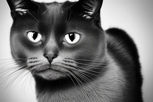 Face of a cat from the front. the cat has completly black fur. the cat is a british shorthair. black and white photo. the face of the cat must be on the image completly tattoo idea