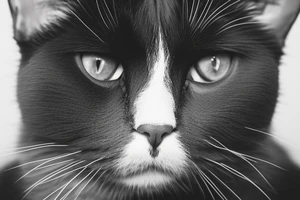 Face of a cat from the front. the cat has completly black fur. the cat is a british shorthair. black and white photo. the face of the cat must be on the image completly tattoo idea