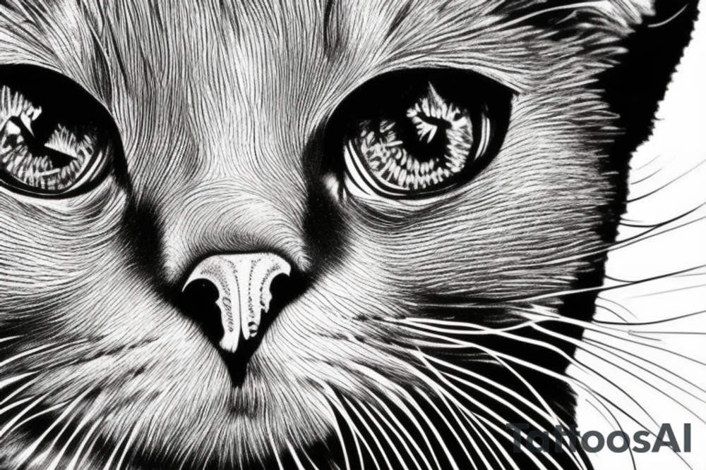 Face of a cat from the front. the cat has completly black fur. the cat is a british shorthair. black and white photo. the face of the cat must be on the image completly tattoo idea