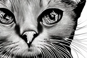 Face of a cat from the front. the cat has completly black fur. the cat is a british shorthair. black and white photo. the face of the cat must be on the image completly tattoo idea