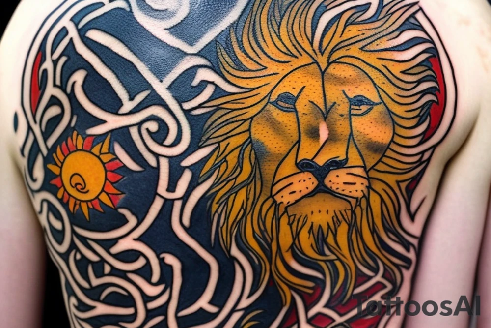 The Sun and the Lion Tattoo from the ancient Persian symbols
Here is the background info needed:
The Sun and the Lion is an ancient Persian symbol comprised of two images: a lion wielding a sword (or as it is known in Persian: a shamshir) with a sun in the background.  This is one of the main emblems of Persia and was formerly an important element of the national flag up until the Iranian Revolution in 1979. The sun symbolizes the ruler of heaven, while the lion symbolizes the lineage of kings as well as royalty and divinity. It is a famous motif that has been used throughout history since the ancient times. tattoo idea