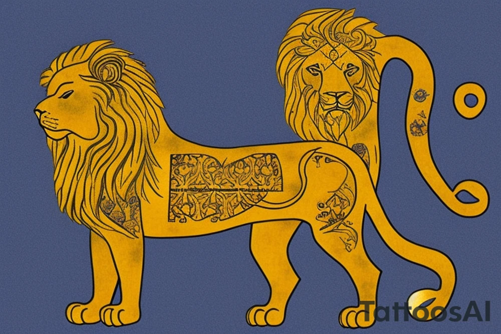 The Sun and the Lion Tattoo from the ancient Persian symbols
Here is the background info needed:
The Sun and the Lion is an ancient Persian symbol comprised of two images: a lion wielding a sword (or as it is known in Persian: a shamshir) with a sun in the background.  This is one of the main emblems of Persia and was formerly an important element of the national flag up until the Iranian Revolution in 1979. The sun symbolizes the ruler of heaven, while the lion symbolizes the lineage of kings as well as royalty and divinity. It is a famous motif that has been used throughout history since the ancient times. tattoo idea