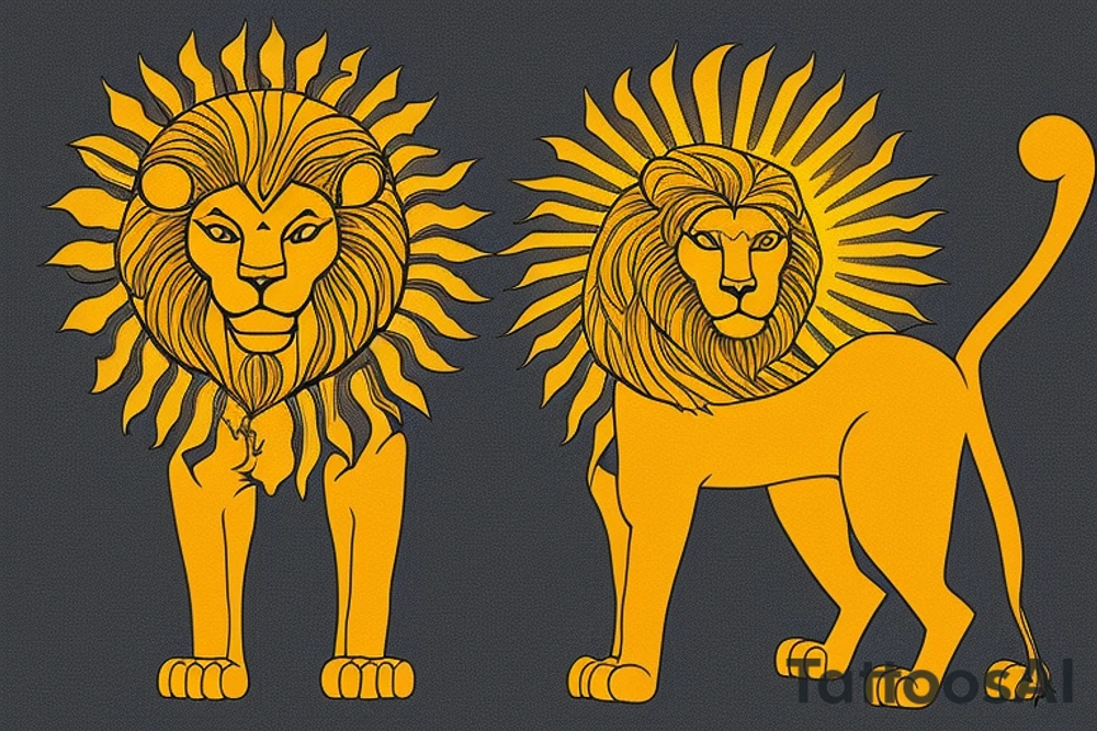 The Sun and the Lion Tattoo from the ancient Persian symbols
Here is the background info needed:
The Sun and the Lion is an ancient Persian symbol comprised of two images: a lion wielding a sword (or as it is known in Persian: a shamshir) with a sun in the background.  This is one of the main emblems of Persia and was formerly an important element of the national flag up until the Iranian Revolution in 1979. The sun symbolizes the ruler of heaven, while the lion symbolizes the lineage of kings as well as royalty and divinity. It is a famous motif that has been used throughout history since the ancient times. tattoo idea