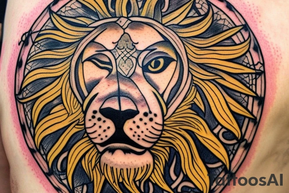 The Sun and the Lion with sword Tattoo from the ancient Persian symbols
Here is the background info needed:
The Sun and the Lion is an ancient Persian symbol comprised of two images: a lion wielding a sword (or as it is known in Persian: a shamshir) with a sun in the background.  This is one of the main emblems of Persia and was formerly an important element of the national flag up until the Iranian Revolution in 1979. The sun symbolizes the ruler of heaven, while the lion symbolizes the lineage of kings as well as royalty and divinity. It is a famous motif that has been used throughout history since the ancient times. tattoo idea