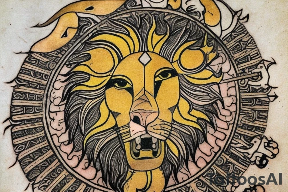 The Sun and the Lion with sword Tattoo from the ancient Persian symbols
Here is the background info needed:
The Sun and the Lion is an ancient Persian symbol comprised of two images: a lion wielding a sword (or as it is known in Persian: a shamshir) with a sun in the background.  This is one of the main emblems of Persia and was formerly an important element of the national flag up until the Iranian Revolution in 1979. The sun symbolizes the ruler of heaven, while the lion symbolizes the lineage of kings as well as royalty and divinity. It is a famous motif that has been used throughout history since the ancient times. tattoo idea