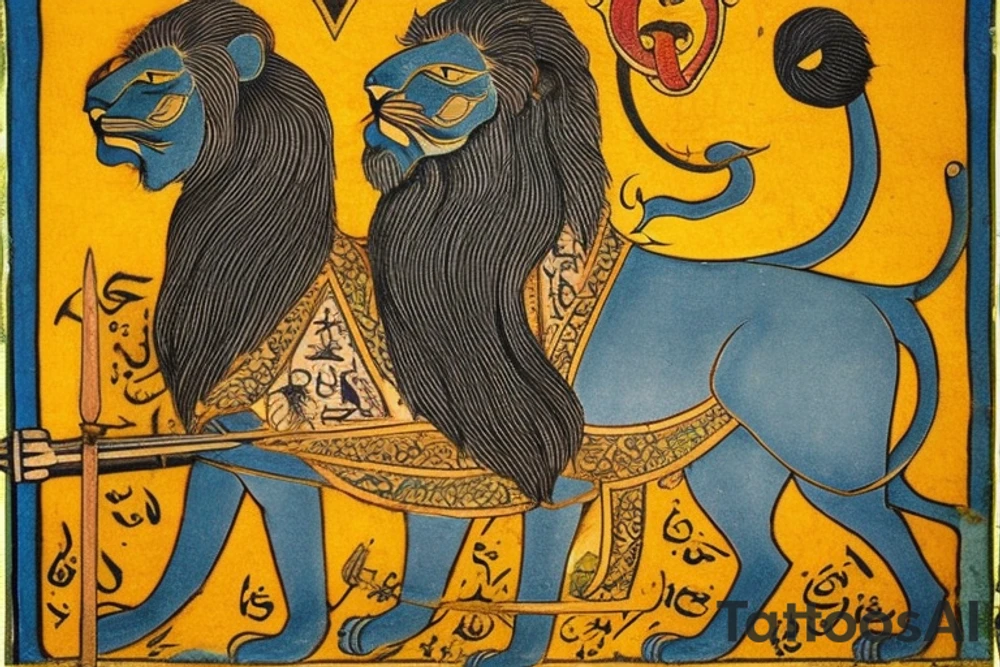 The Sun and the Lion with sword Tattoo from the ancient Persian symbols
Here is the background info needed:
The Sun and the Lion is an ancient Persian symbol comprised of two images: a lion wielding a sword (or as it is known in Persian: a shamshir) with a sun in the background.  This is one of the main emblems of Persia and was formerly an important element of the national flag up until the Iranian Revolution in 1979. The sun symbolizes the ruler of heaven, while the lion symbolizes the lineage of kings as well as royalty and divinity. It is a famous motif that has been used throughout history since the ancient times. tattoo idea