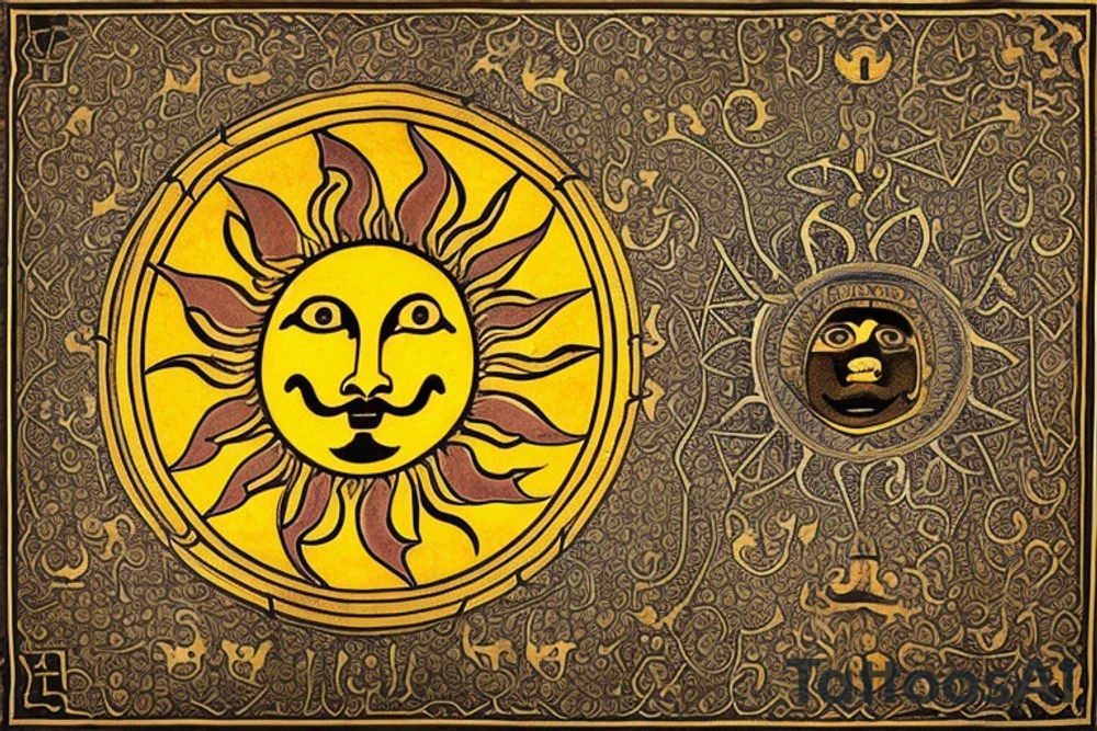 The Sun and the Lion with sword Tattoo from the ancient Persian symbols
Here is the background info needed:
The Sun and the Lion is an ancient Persian symbol comprised of two images: a lion wielding a sword (or as it is known in Persian: a shamshir) with a sun in the background.  This is one of the main emblems of Persia and was formerly an important element of the national flag up until the Iranian Revolution in 1979. The sun symbolizes the ruler of heaven, while the lion symbolizes the lineage of kings as well as royalty and divinity. It is a famous motif that has been used throughout history since the ancient times. tattoo idea