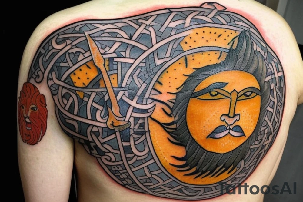 The Sun and the Lion with sword Tattoo from the ancient Persian symbols
Here is the background info needed:
The Sun and the Lion is an ancient Persian symbol comprised of two images: a lion wielding a sword (or as it is known in Persian: a shamshir) with a sun in the background.  This is one of the main emblems of Persia and was formerly an important element of the national flag up until the Iranian Revolution in 1979. The sun symbolizes the ruler of heaven, while the lion symbolizes the lineage of kings as well as royalty and divinity. It is a famous motif that has been used throughout history since the ancient times. tattoo idea