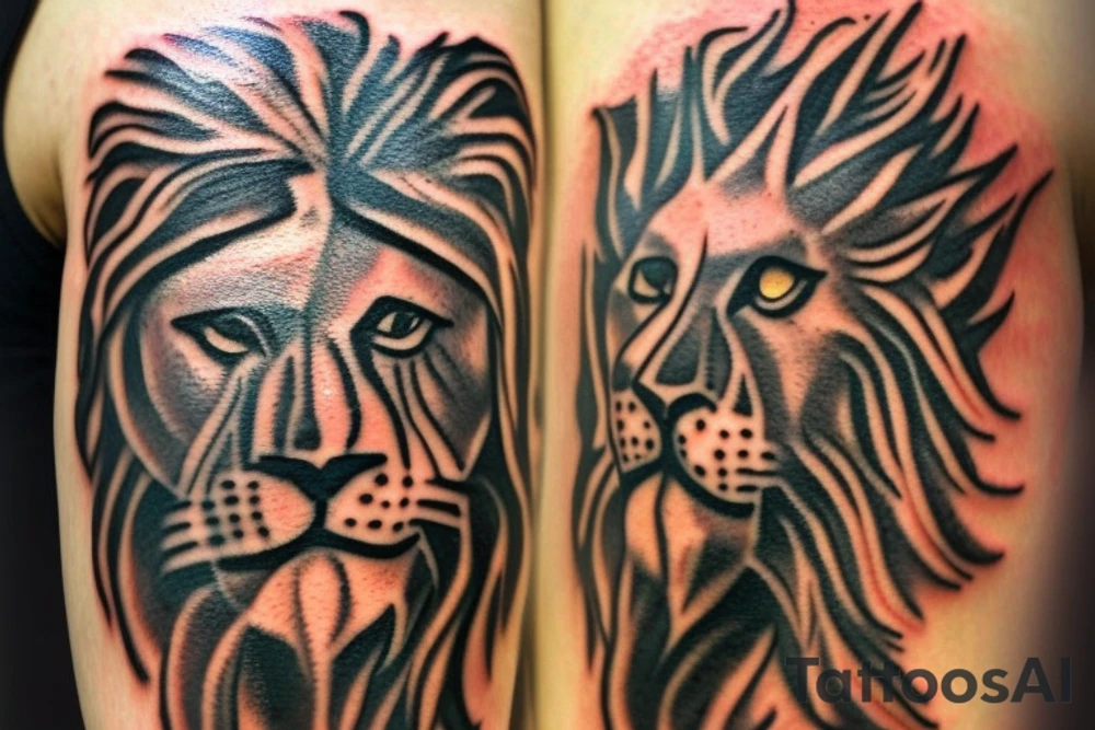 The Sun and the Lion with sword Tattoo from the ancient Persian symbols
Here is the background info needed:
The Sun and the Lion is an ancient Persian symbol comprised of two images: a lion wielding a sword (or as it is known in Persian: a shamshir) with a sun in the background.  This is one of the main emblems of Persia and was formerly an important element of the national flag up until the Iranian Revolution in 1979. The sun symbolizes the ruler of heaven, while the lion symbolizes the lineage of kings as well as royalty and divinity. It is a famous motif that has been used throughout history since the ancient times. tattoo idea