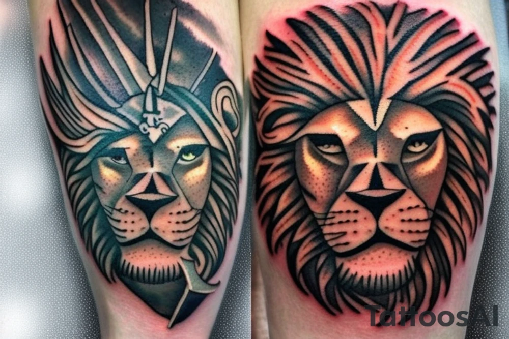 The Sun and the Lion with sword Tattoo from the ancient Persian symbols
Here is the background info needed:
The Sun and the Lion is an ancient Persian symbol comprised of two images: a lion wielding a sword (or as it is known in Persian: a shamshir) with a sun in the background.  This is one of the main emblems of Persia and was formerly an important element of the national flag up until the Iranian Revolution in 1979. The sun symbolizes the ruler of heaven, while the lion symbolizes the lineage of kings as well as royalty and divinity. It is a famous motif that has been used throughout history since the ancient times. tattoo idea
