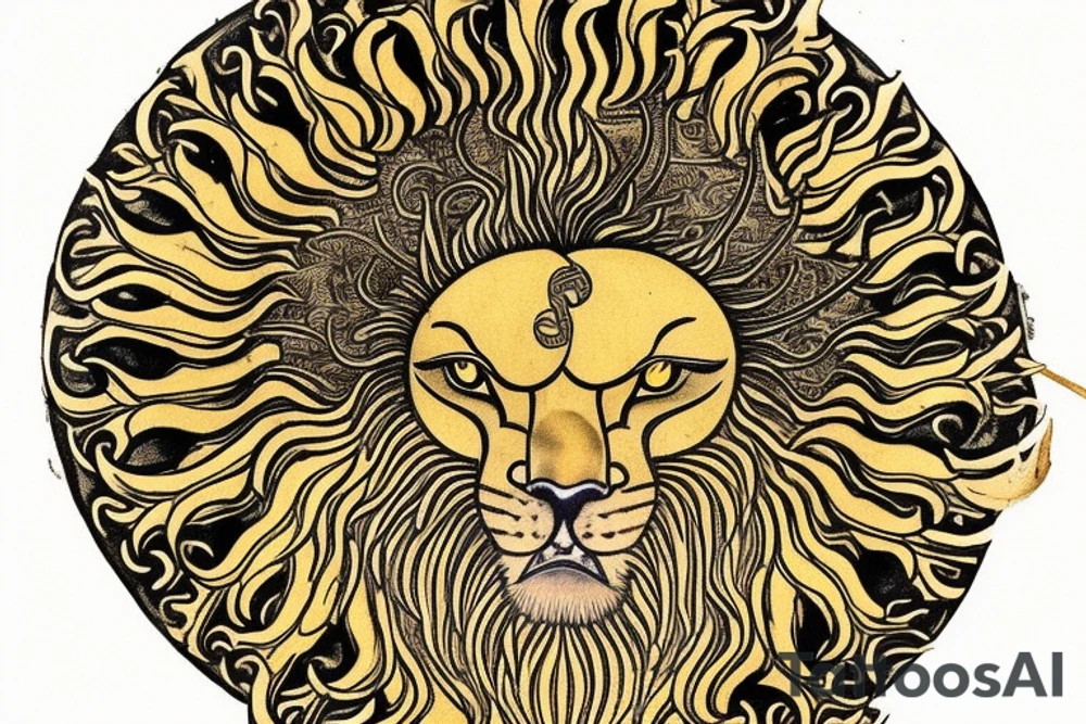 The Sun and the Lion with sword Tattoo from the ancient Persian symbols
Here is the background info needed:
The Sun and the Lion is an ancient Persian symbol comprised of two images: a lion wielding a sword (or as it is known in Persian: a shamshir) with a sun in the background.  This is one of the main emblems of Persia and was formerly an important element of the national flag up until the Iranian Revolution in 1979. The sun symbolizes the ruler of heaven, while the lion symbolizes the lineage of kings as well as royalty and divinity. It is a famous motif that has been used throughout history since the ancient times. tattoo idea