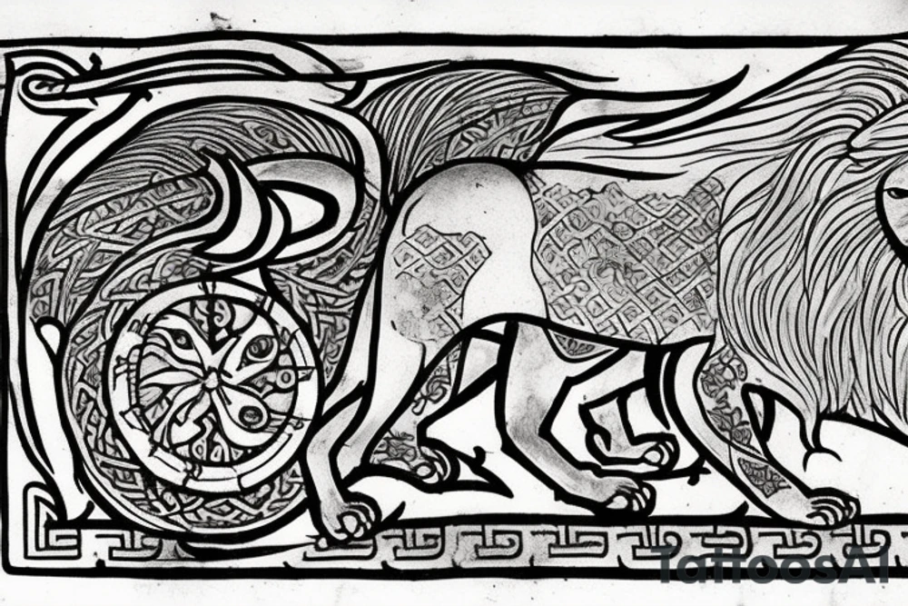 The Sun and the Lion with sword Tattoo from the ancient Persian symbols
Here is the background info needed:
The Sun and the Lion is an ancient Persian symbol comprised of two images: a lion wielding a sword (or as it is known in Persian: a shamshir) with a sun in the background.  This is one of the main emblems of Persia and was formerly an important element of the national flag up until the Iranian Revolution in 1979. The sun symbolizes the ruler of heaven, while the lion symbolizes the lineage of kings as well as royalty and divinity. It is a famous motif that has been used throughout history since the ancient times. tattoo idea