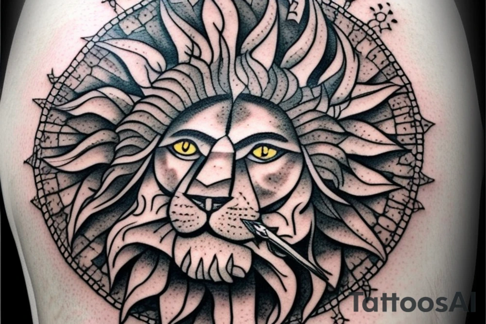 The Sun and the Lion with sword Tattoo from the ancient Persian symbols
Here is the background info needed:
The Sun and the Lion is an ancient Persian symbol comprised of two images: a lion wielding a sword (or as it is known in Persian: a shamshir) with a sun in the background.  This is one of the main emblems of Persia and was formerly an important element of the national flag up until the Iranian Revolution in 1979. The sun symbolizes the ruler of heaven, while the lion symbolizes the lineage of kings as well as royalty and divinity. It is a famous motif that has been used throughout history since the ancient times. tattoo idea