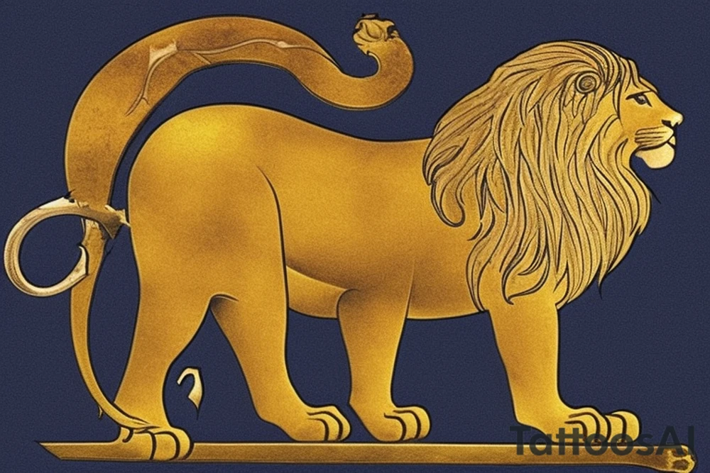 The Sun and the Lion with sword Tattoo from the ancient Persian symbols
Here is the background info needed:
The Sun and the Lion is an ancient Persian symbol comprised of two images: a lion wielding a sword (or as it is known in Persian: a shamshir) with a sun in the background.  This is one of the main emblems of Persia and was formerly an important element of the national flag up until the Iranian Revolution in 1979. The sun symbolizes the ruler of heaven, while the lion symbolizes the lineage of kings as well as royalty and divinity. It is a famous motif that has been used throughout history since the ancient times. tattoo idea