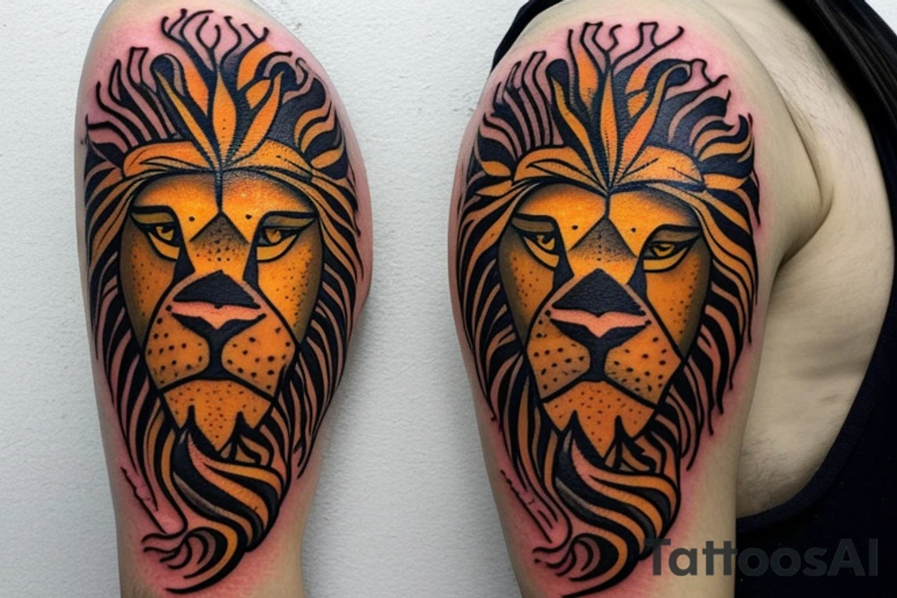 The Sun and the Lion with sword Tattoo from the ancient Persian symbols
Here is the background info needed:
The Sun and the Lion is an ancient Persian symbol comprised of two images: a lion wielding a sword (or as it is known in Persian: a shamshir) with a sun in the background.  This is one of the main emblems of Persia and was formerly an important element of the national flag up until the Iranian Revolution in 1979. The sun symbolizes the ruler of heaven, while the lion symbolizes the lineage of kings as well as royalty and divinity. It is a famous motif that has been used throughout history since the ancient times. tattoo idea