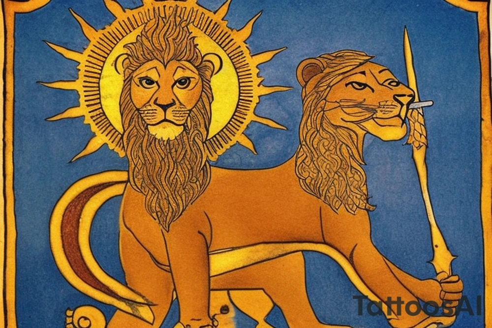 The Sun and the Lion with sword Tattoo from the ancient Persian symbols
Here is the background info needed:
The Sun and the Lion is an ancient Persian symbol comprised of two images: a lion wielding a sword (or as it is known in Persian: a shamshir) with a sun in the background.  This is one of the main emblems of Persia and was formerly an important element of the national flag up until the Iranian Revolution in 1979. The sun symbolizes the ruler of heaven, while the lion symbolizes the lineage of kings as well as royalty and divinity. It is a famous motif that has been used throughout history since the ancient times. tattoo idea
