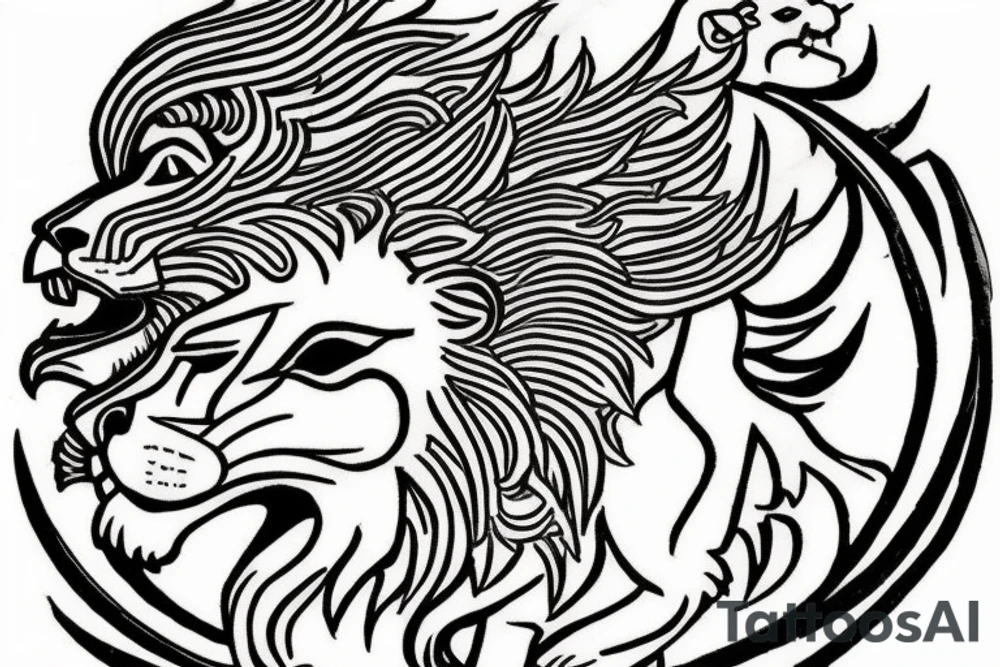 The Sun and the Lion with sword Tattoo from the ancient Persian symbols
Here is the background info needed:
The Sun and the Lion is an ancient Persian symbol comprised of two images: a lion wielding a sword (or as it is known in Persian: a shamshir) with a sun in the background.  This is one of the main emblems of Persia and was formerly an important element of the national flag up until the Iranian Revolution in 1979. The sun symbolizes the ruler of heaven, while the lion symbolizes the lineage of kings as well as royalty and divinity. It is a famous motif that has been used throughout history since the ancient times. tattoo idea