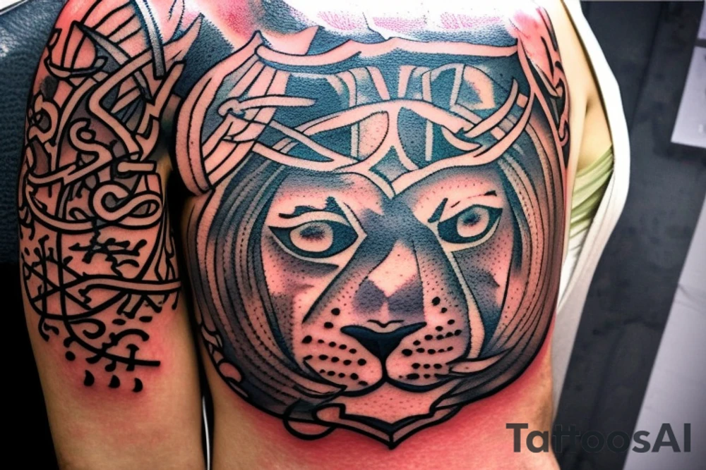 The Sun and the Lion with sword Tattoo from the ancient Persian symbols
Here is the background info needed:
The Sun and the Lion is an ancient Persian symbol comprised of two images: a lion wielding a sword (or as it is known in Persian: a shamshir) with a sun in the background.  This is one of the main emblems of Persia and was formerly an important element of the national flag up until the Iranian Revolution in 1979. The sun symbolizes the ruler of heaven, while the lion symbolizes the lineage of kings as well as royalty and divinity. It is a famous motif that has been used throughout history since the ancient times. tattoo idea