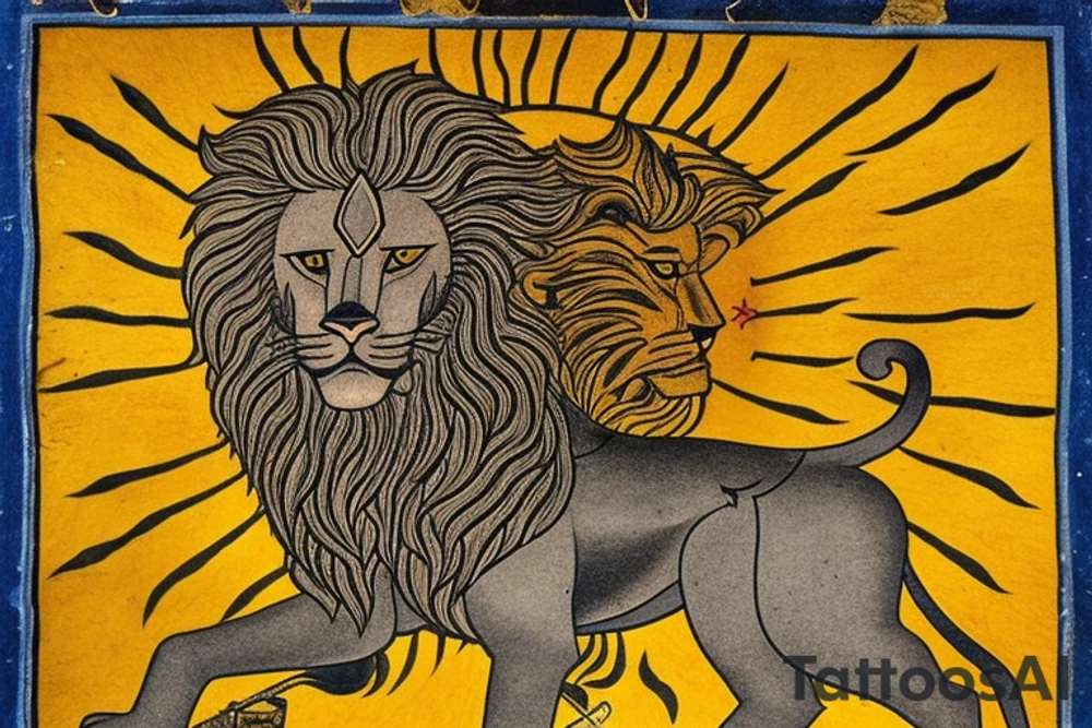 The Sun and the Lion with sword Tattoo from the ancient Persian symbols
Here is the background info needed:
The Sun and the Lion is an ancient Persian symbol comprised of two images: a lion wielding a sword (or as it is known in Persian: a shamshir) with a sun in the background.  This is one of the main emblems of Persia and was formerly an important element of the national flag up until the Iranian Revolution in 1979. The sun symbolizes the ruler of heaven, while the lion symbolizes the lineage of kings as well as royalty and divinity. It is a famous motif that has been used throughout history since the ancient times. tattoo idea