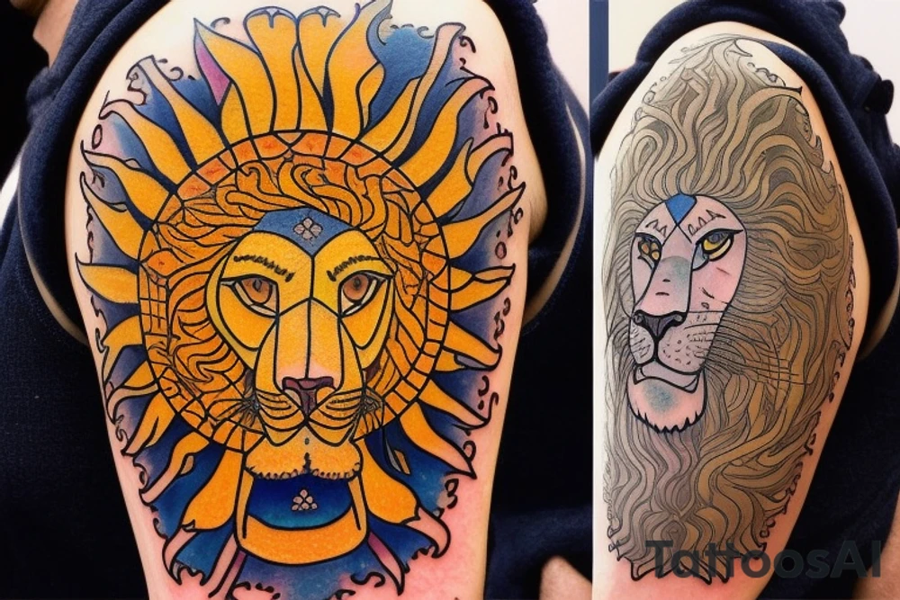 The Sun and the Lion with sword Tattoo from the ancient Persian symbols
Here is the background info needed:
The Sun and the Lion is an ancient Persian symbol comprised of two images: a lion wielding a sword (or as it is known in Persian: a shamshir) with a sun in the background.  This is one of the main emblems of Persia and was formerly an important element of the national flag up until the Iranian Revolution in 1979. The sun symbolizes the ruler of heaven, while the lion symbolizes the lineage of kings as well as royalty and divinity. It is a famous motif that has been used throughout history since the ancient times. tattoo idea