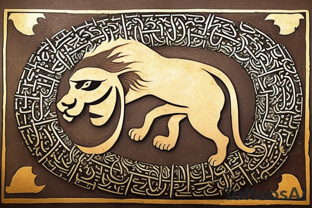 The Sun and the Lion with sword Tattoo from the ancient Persian symbols
Here is the background info needed:
The Sun and the Lion is an ancient Persian symbol comprised of two images: a lion wielding a sword (or as it is known in Persian: a shamshir) with a sun in the background.  This is one of the main emblems of Persia and was formerly an important element of the national flag up until the Iranian Revolution in 1979. The sun symbolizes the ruler of heaven, while the lion symbolizes the lineage of kings as well as royalty and divinity. It is a famous motif that has been used throughout history since the ancient times. tattoo idea