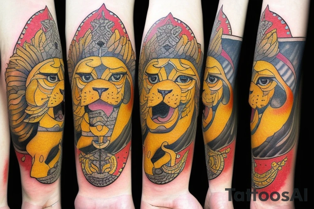 The Sun and the Lion with sword Tattoo from the ancient Persian symbols
Here is the background info needed:
The Sun and the Lion is an ancient Persian symbol comprised of two images: a lion wielding a sword (or as it is known in Persian: a shamshir) with a sun in the background.  This is one of the main emblems of Persia and was formerly an important element of the national flag up until the Iranian Revolution in 1979. The sun symbolizes the ruler of heaven, while the lion symbolizes the lineage of kings as well as royalty and divinity. It is a famous motif that has been used throughout history since the ancient times. tattoo idea