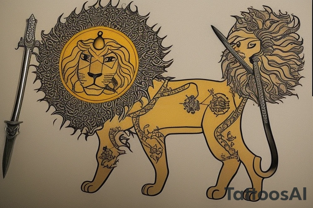 The Sun and the Lion with sword Tattoo from the ancient Persian symbols
Here is the background info needed:
The Sun and the Lion is an ancient Persian symbol comprised of two images: a lion wielding a sword (or as it is known in Persian: a shamshir) with a sun in the background.  This is one of the main emblems of Persia and was formerly an important element of the national flag up until the Iranian Revolution in 1979. The sun symbolizes the ruler of heaven, while the lion symbolizes the lineage of kings as well as royalty and divinity. It is a famous motif that has been used throughout history since the ancient times. tattoo idea
