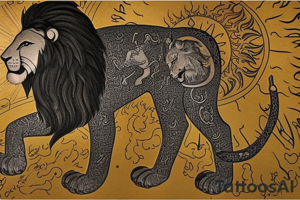 The Sun and the Lion with sword Tattoo from the ancient Persian symbols
Here is the background info needed:
The Sun and the Lion is an ancient Persian symbol comprised of two images: a lion wielding a sword (or as it is known in Persian: a shamshir) with a sun in the background.  This is one of the main emblems of Persia and was formerly an important element of the national flag up until the Iranian Revolution in 1979. The sun symbolizes the ruler of heaven, while the lion symbolizes the lineage of kings as well as royalty and divinity. It is a famous motif that has been used throughout history since the ancient times. tattoo idea