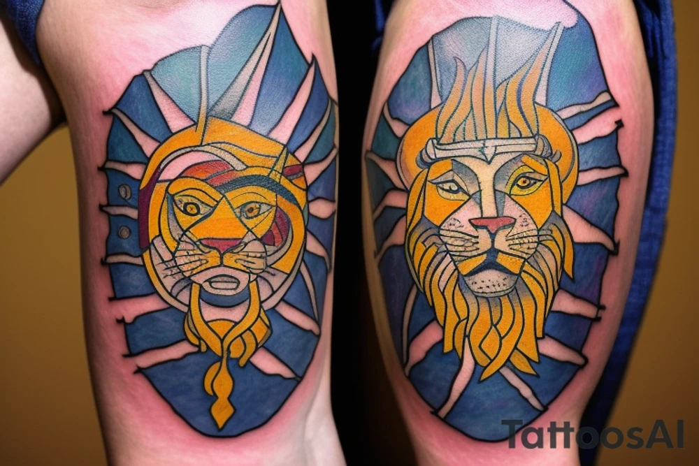 The Sun and the Lion with sword Tattoo from the ancient Persian symbols
Here is the background info needed:
The Sun and the Lion is an ancient Persian symbol comprised of two images: a lion wielding a sword (or as it is known in Persian: a shamshir) with a sun in the background.  This is one of the main emblems of Persia and was formerly an important element of the national flag up until the Iranian Revolution in 1979. The sun symbolizes the ruler of heaven, while the lion symbolizes the lineage of kings as well as royalty and divinity. It is a famous motif that has been used throughout history since the ancient times. tattoo idea