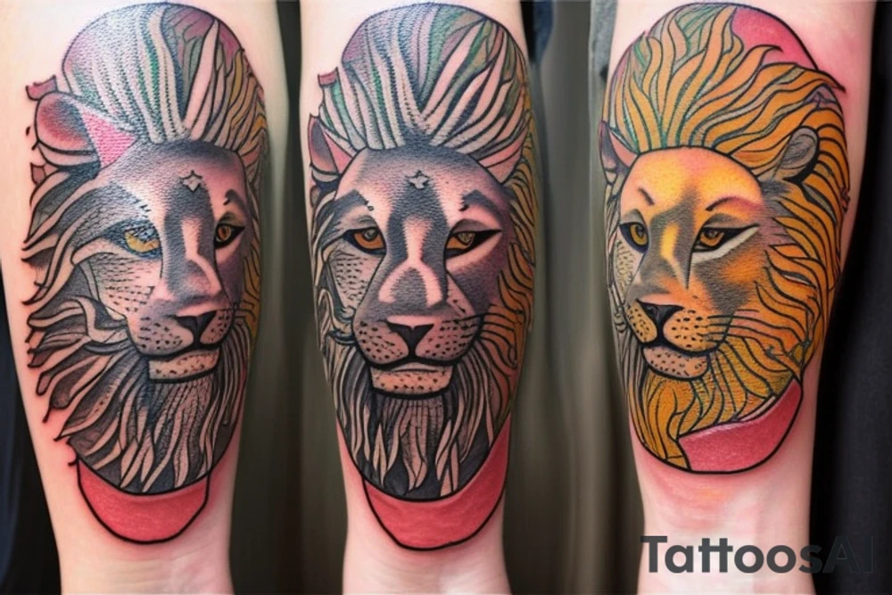 The Sun and the Lion with sword Tattoo from the ancient Persian symbols
Here is the background info needed:
The Sun and the Lion is an ancient Persian symbol comprised of two images: a lion wielding a sword (or as it is known in Persian: a shamshir) with a sun in the background.  This is one of the main emblems of Persia and was formerly an important element of the national flag up until the Iranian Revolution in 1979. The sun symbolizes the ruler of heaven, while the lion symbolizes the lineage of kings as well as royalty and divinity. It is a famous motif that has been used throughout history since the ancient times. tattoo idea