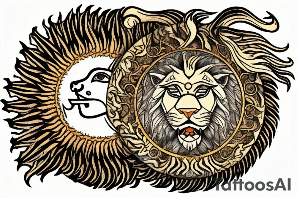 The Sun and the Lion with sword Tattoo from the ancient Persian symbols
Here is the background info needed:
The Sun and the Lion is an ancient Persian symbol comprised of two images: a lion wielding a sword (or as it is known in Persian: a shamshir) with a sun in the background.  This is one of the main emblems of Persia and was formerly an important element of the national flag up until the Iranian Revolution in 1979. The sun symbolizes the ruler of heaven, while the lion symbolizes the lineage of kings as well as royalty and divinity. It is a famous motif that has been used throughout history since the ancient times. tattoo idea