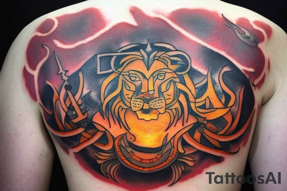 The Sun and the Lion with sword Tattoo from the ancient Persian symbols
Here is the background info needed:
The Sun and the Lion is an ancient Persian symbol comprised of two images: a lion wielding a sword (or as it is known in Persian: a shamshir) with a sun in the background.  This is one of the main emblems of Persia and was formerly an important element of the national flag up until the Iranian Revolution in 1979. The sun symbolizes the ruler of heaven, while the lion symbolizes the lineage of kings as well as royalty and divinity. It is a famous motif that has been used throughout history since the ancient times. tattoo idea
