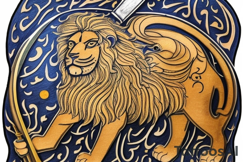 The Sun and the Lion with sword Tattoo from the ancient Persian symbols
Here is the background info needed:
The Sun and the Lion is an ancient Persian symbol comprised of two images: a lion wielding a sword (or as it is known in Persian: a shamshir) with a sun in the background.  This is one of the main emblems of Persia and was formerly an important element of the national flag up until the Iranian Revolution in 1979. The sun symbolizes the ruler of heaven, while the lion symbolizes the lineage of kings as well as royalty and divinity. It is a famous motif that has been used throughout history since the ancient times. tattoo idea